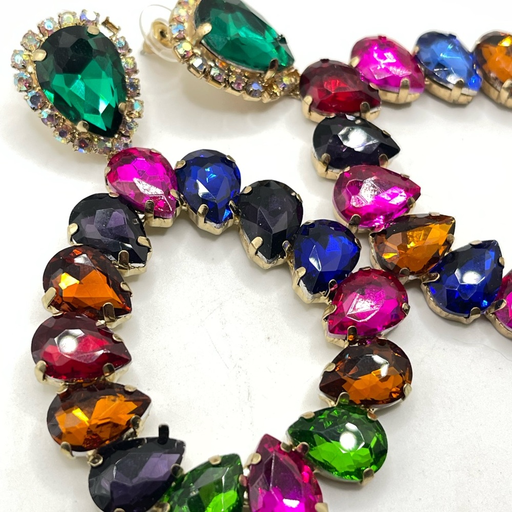 Natasha Couture Gold-Tone Multicolor Teardrop Hoop Earrings with Emerald Studs